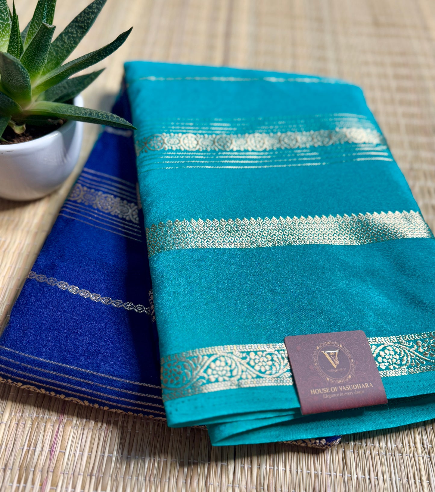 Blue and turquoise Half & Half Striped Mysore silk crepe