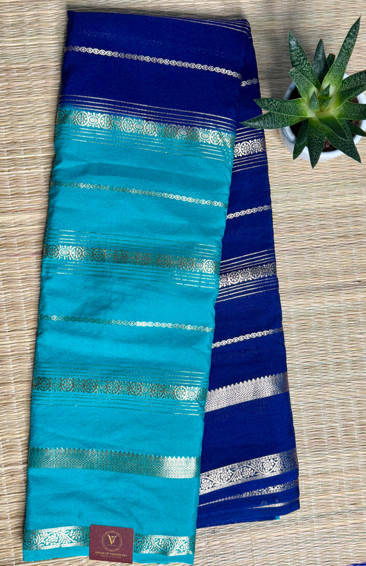 Blue and turquoise Half & Half Striped Mysore silk crepe