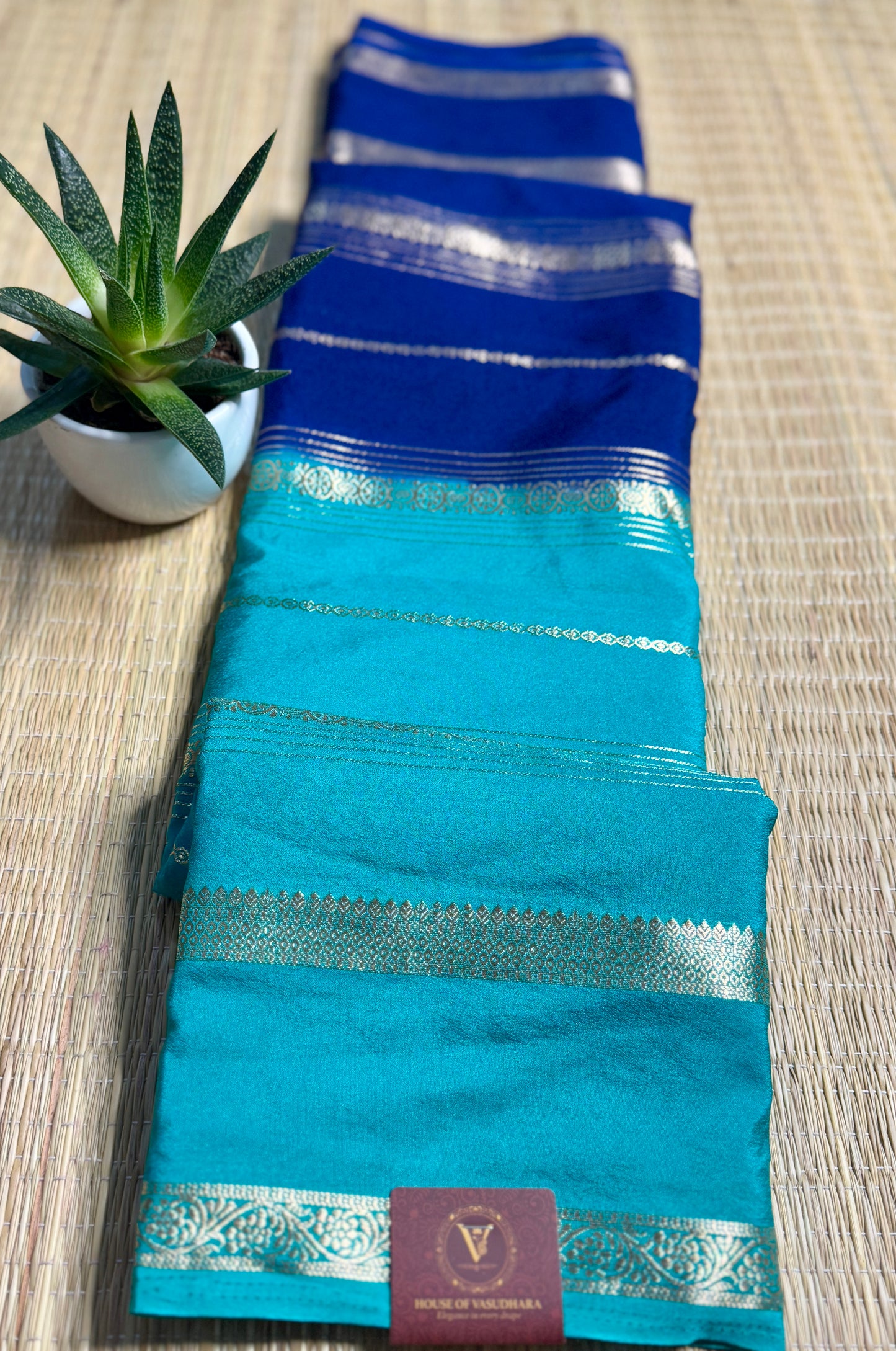 Blue and turquoise Half & Half Striped Mysore silk crepe