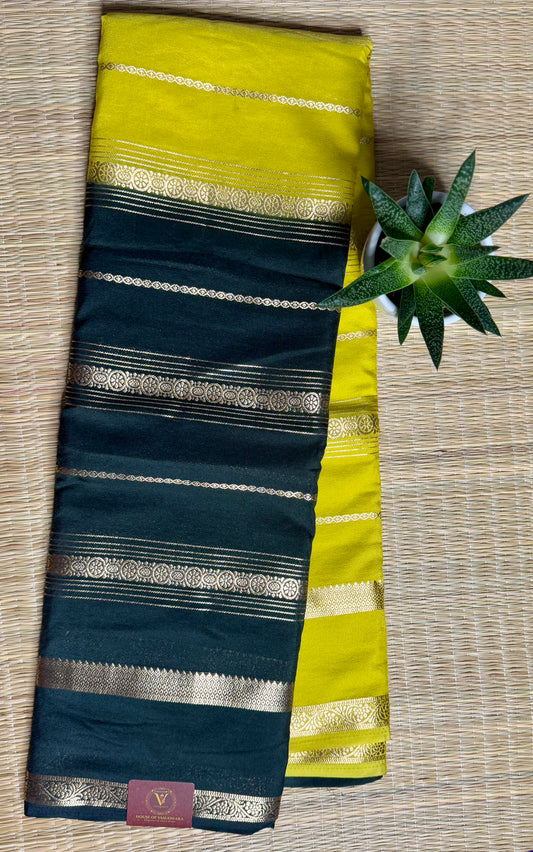 Mustard Yellow and Black Half & Half Striped Mysore silk crepe