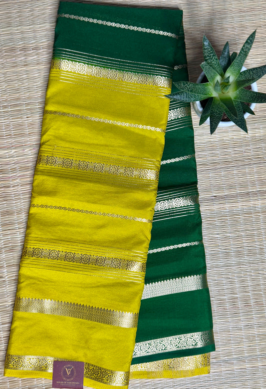 Mustard Yellow and Green Half & Half Striped Mysore silk crepe
