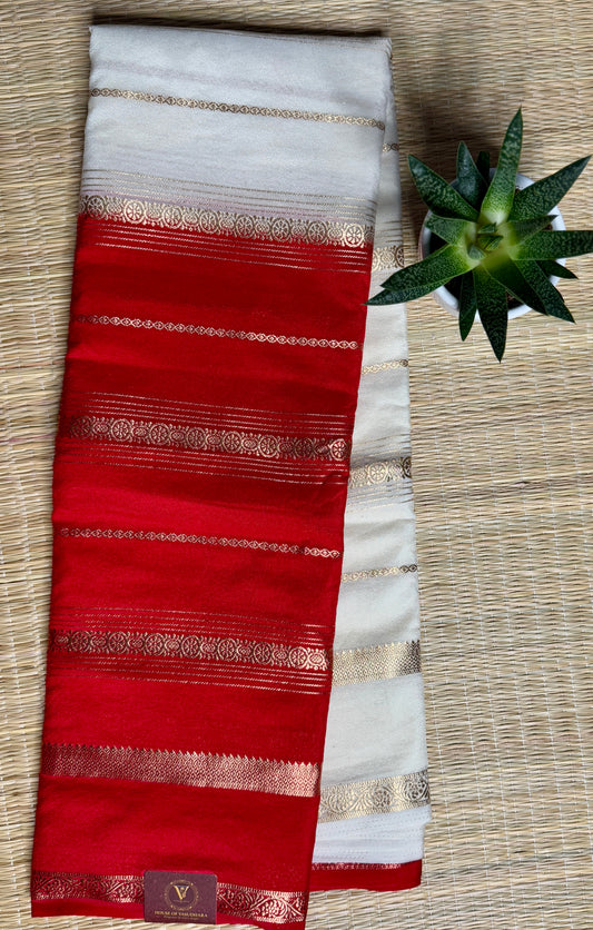 Red and White Half & Half Striped Mysore silk crepe