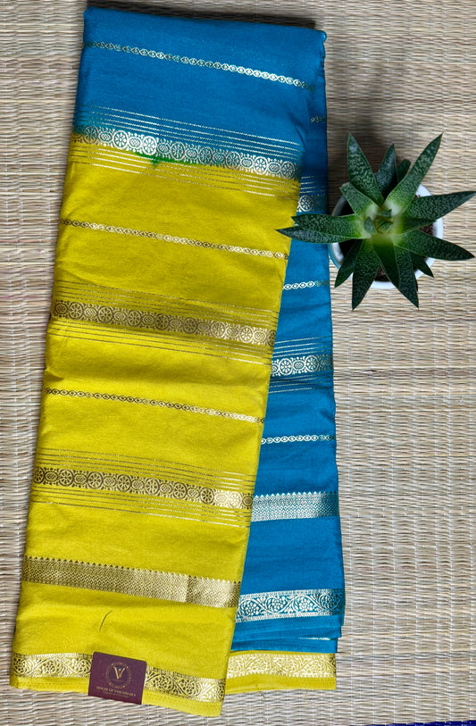 Blue and Yellow Half & Half Striped Mysore silk crepe