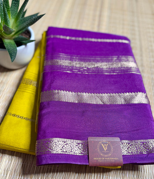 Mustard yellow and Purple Half & Half Striped Mysore silk crepe