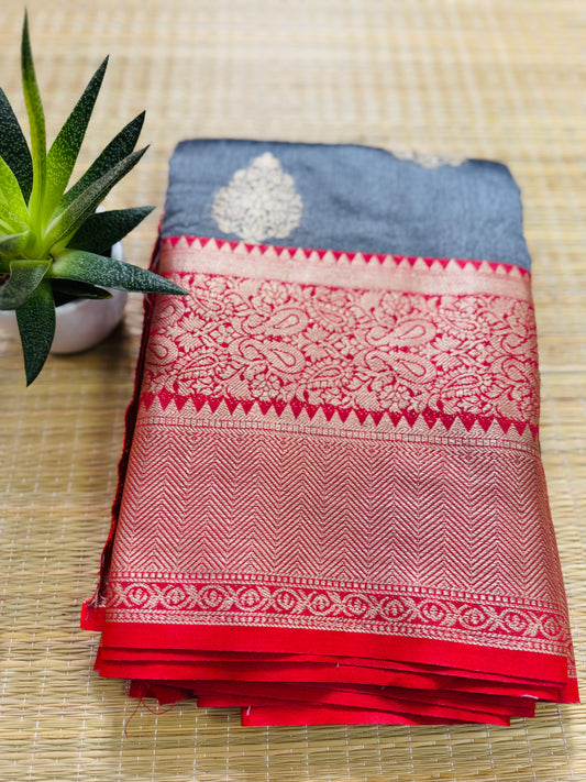 Grey & Red pure Banarasi silk saree