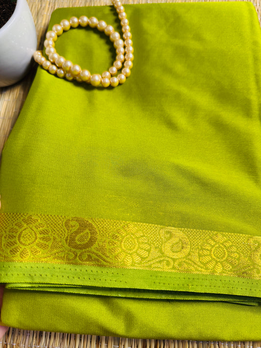 Parrot Green Semi Crepe Silk Saree with Mango Zari Border