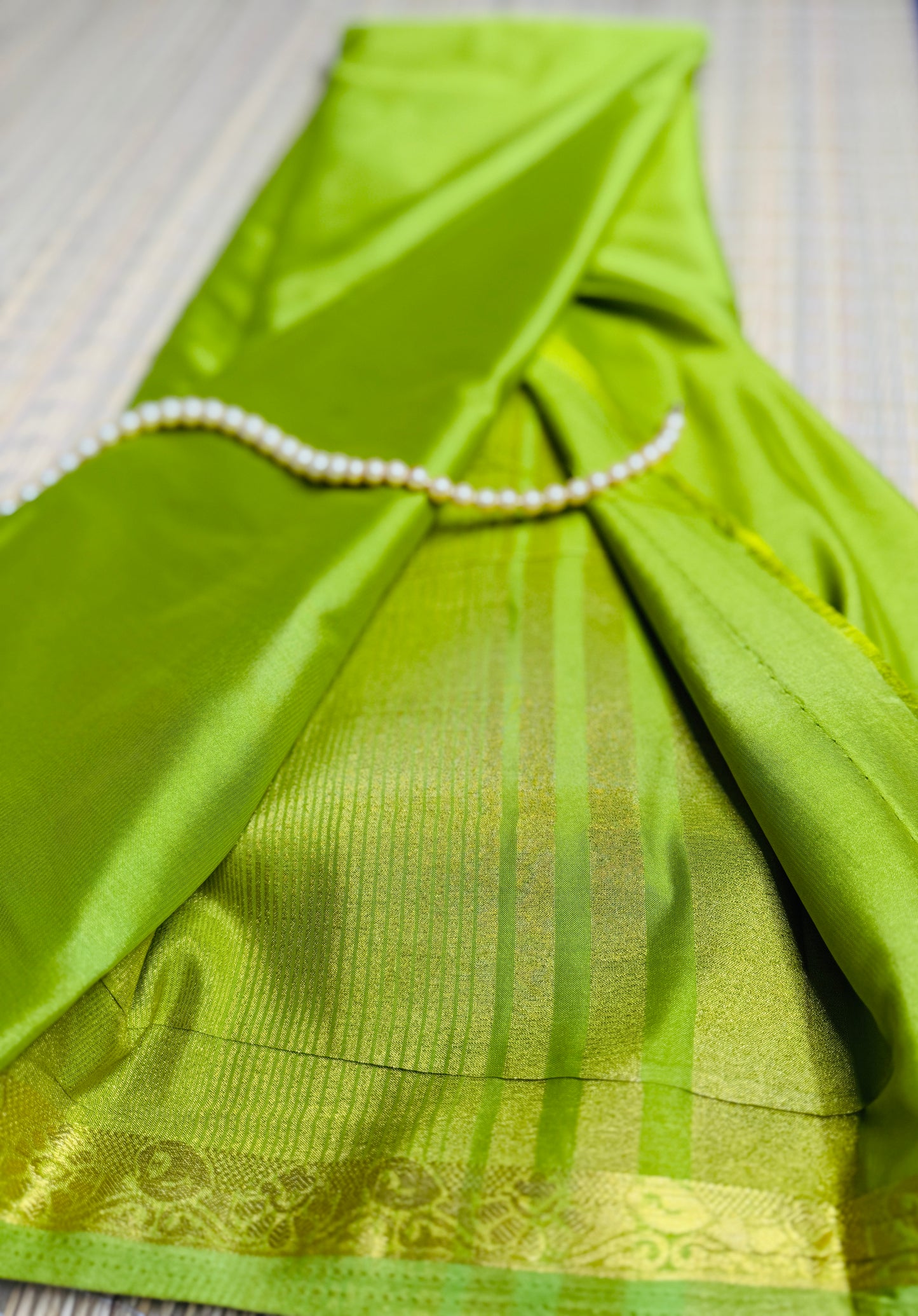 Parrot Green Semi Crepe Silk Saree with Mango Zari Border