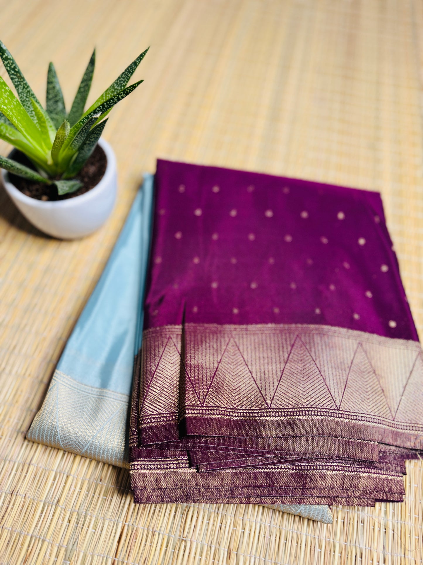 Light pastel blue& Deep plum half & half Mysore silk crepe saree