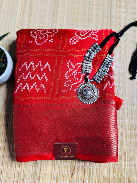 Red Dola Bandhani Silk Saree with Zari Border