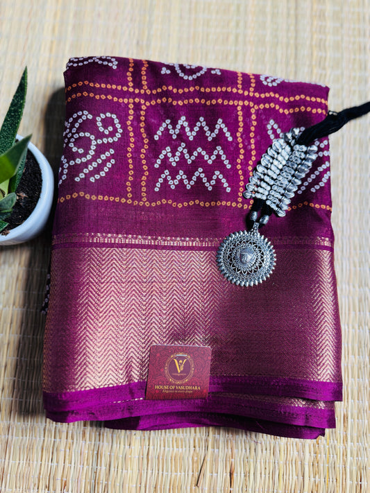 Deep Magenta Dola Bandhani Silk Saree with Zari Border