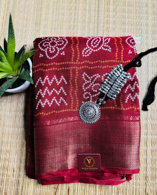 Maroon Dola Bandhani Silk Saree with Zari Border