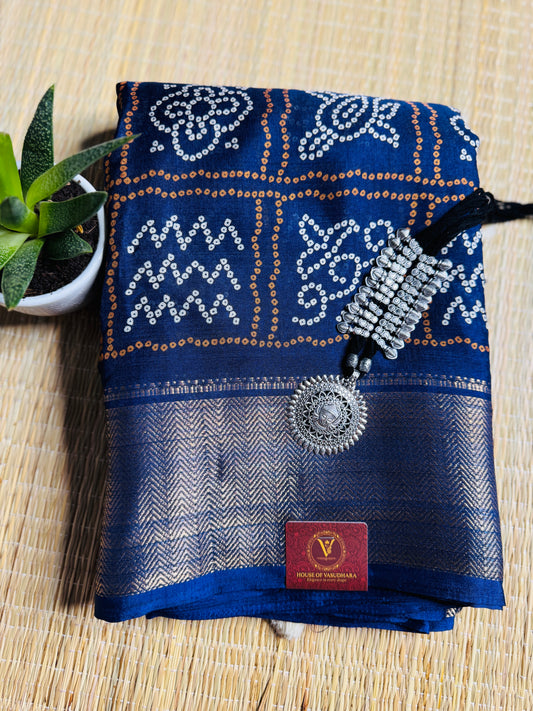 Navy Blue Dola Bandhani Silk Saree with Zari Border