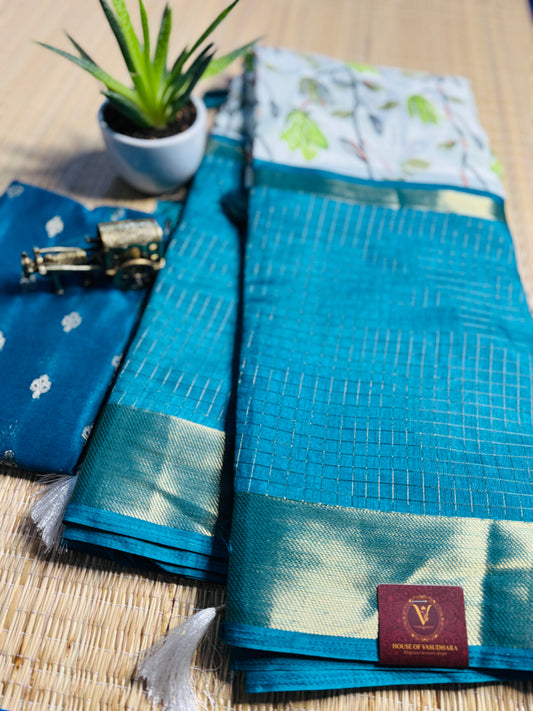 White and Blue 2D Semi crepe silk in half and half pattern