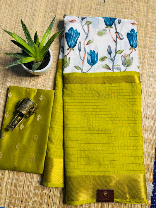 White and Mehandi green 2D Semi crepe silk in half and half pattern