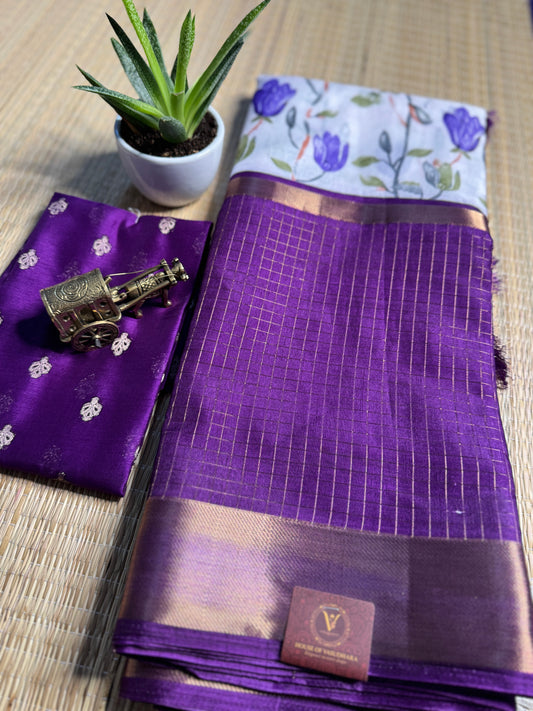 White and Purple 2D Semi crepe silk in half and half pattern