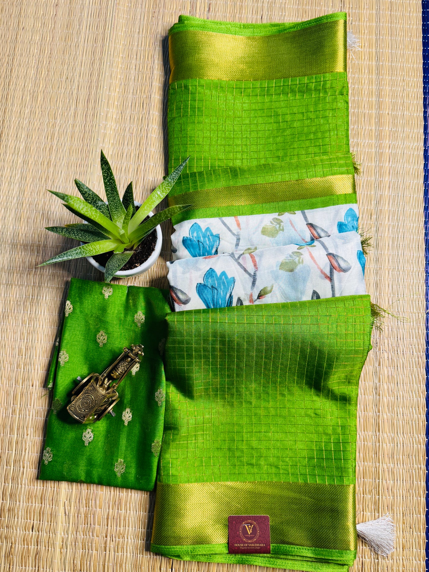 White and Green 2D Semi crepe silk in half and half pattern