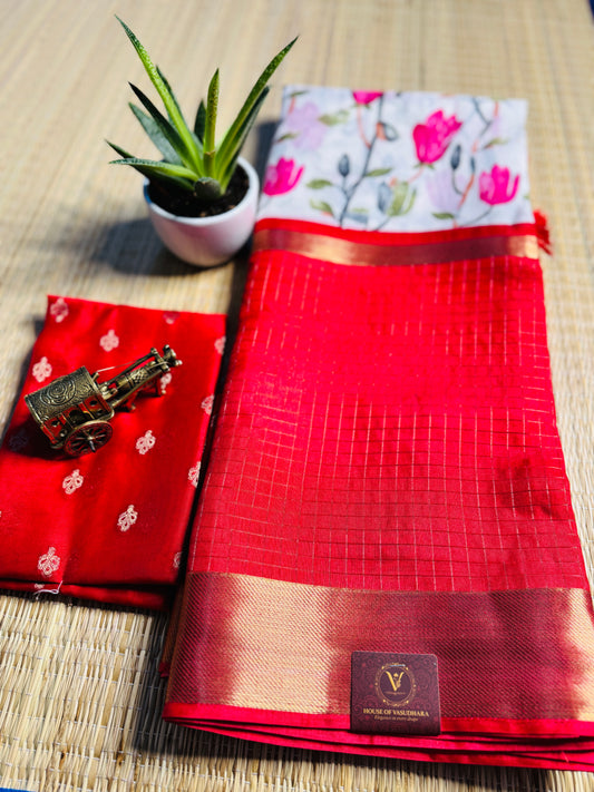 White and Red 2D Semi crepe silk in half and half pattern