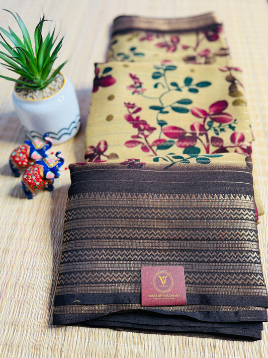 Beige & Brown Meena Silk Saree with Floral creepers