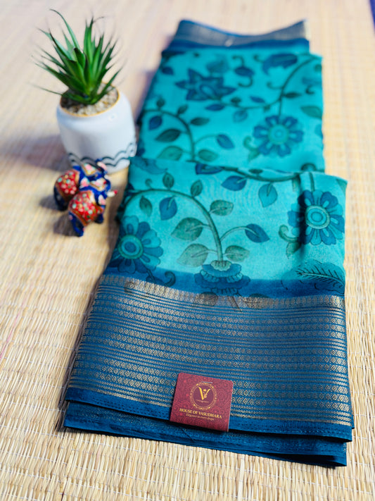 Sea green & Blue Meena Silk Saree with Floral creepers