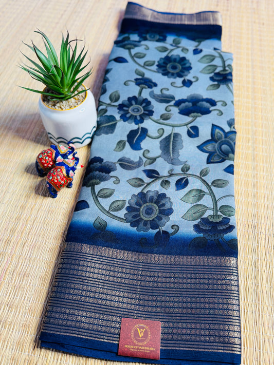 Light blue & Navy blue Meena Silk Saree with Floral creepers