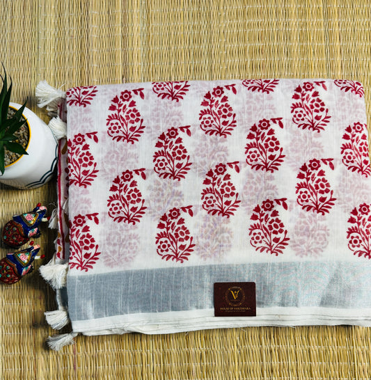 White & Maroon Hand block Linen Saree