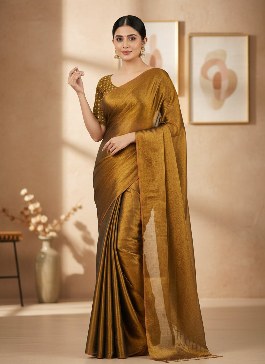 Golden tissue silk saree with embellished look