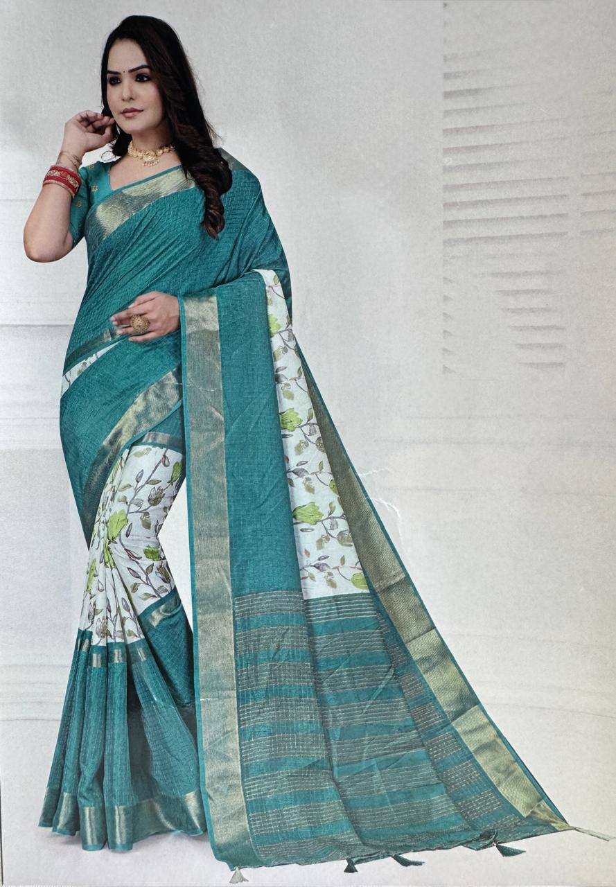 White and Blue 2D Semi crepe silk in half and half pattern