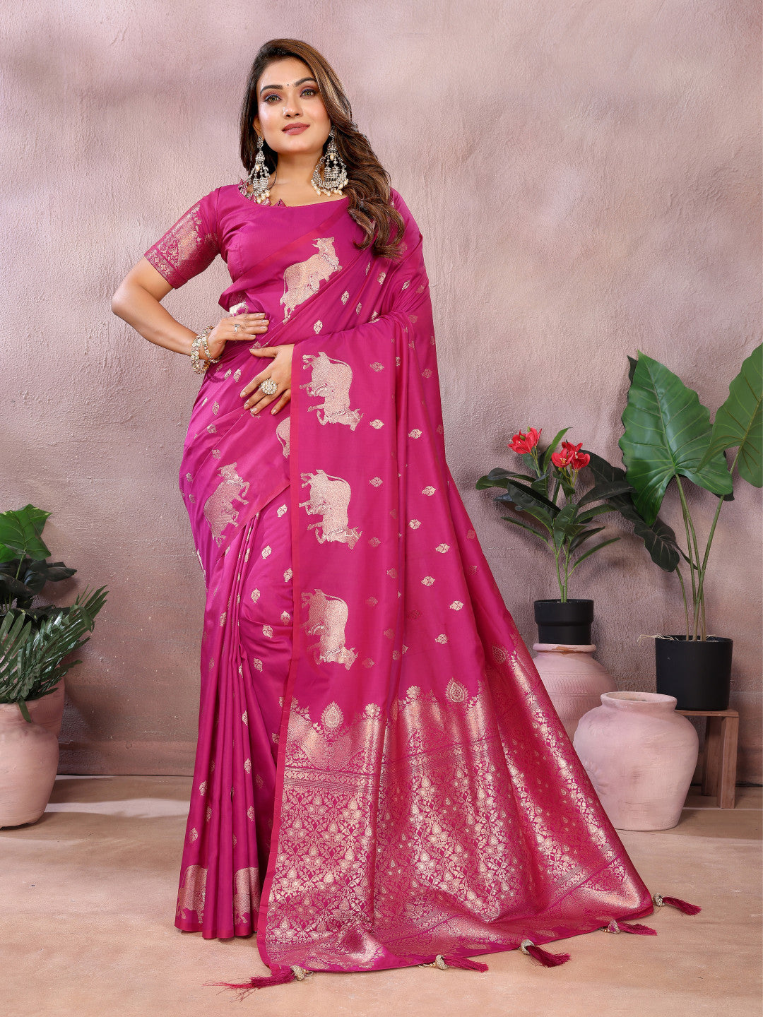 Rani Pink Banarasi saree with Pichwai motifs