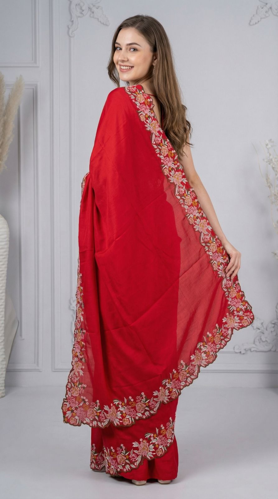 Red Tussar silk saree with embroidery & cutwork border