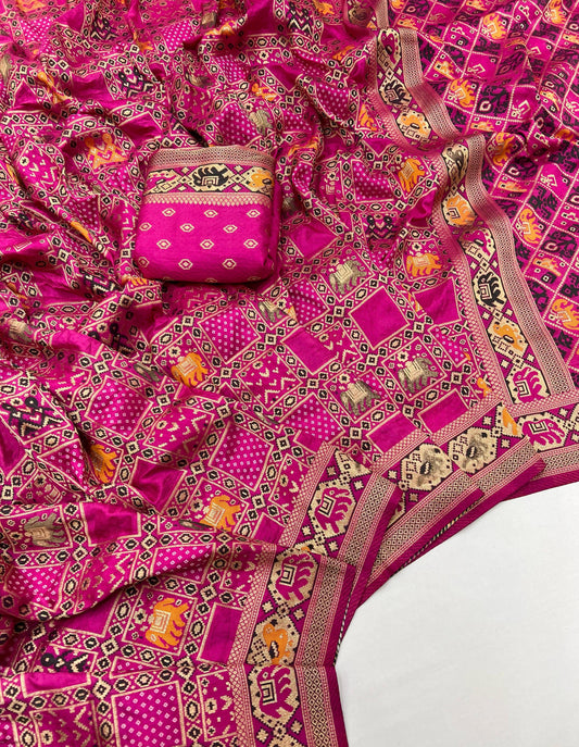 Rani Pink Ikkat Patola silk saree with Meenakari work