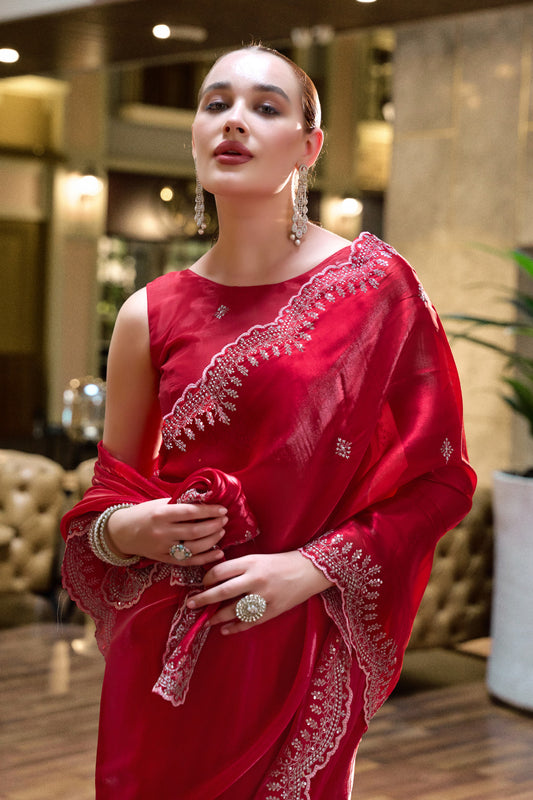 Red tissue silk saree with Scallop border