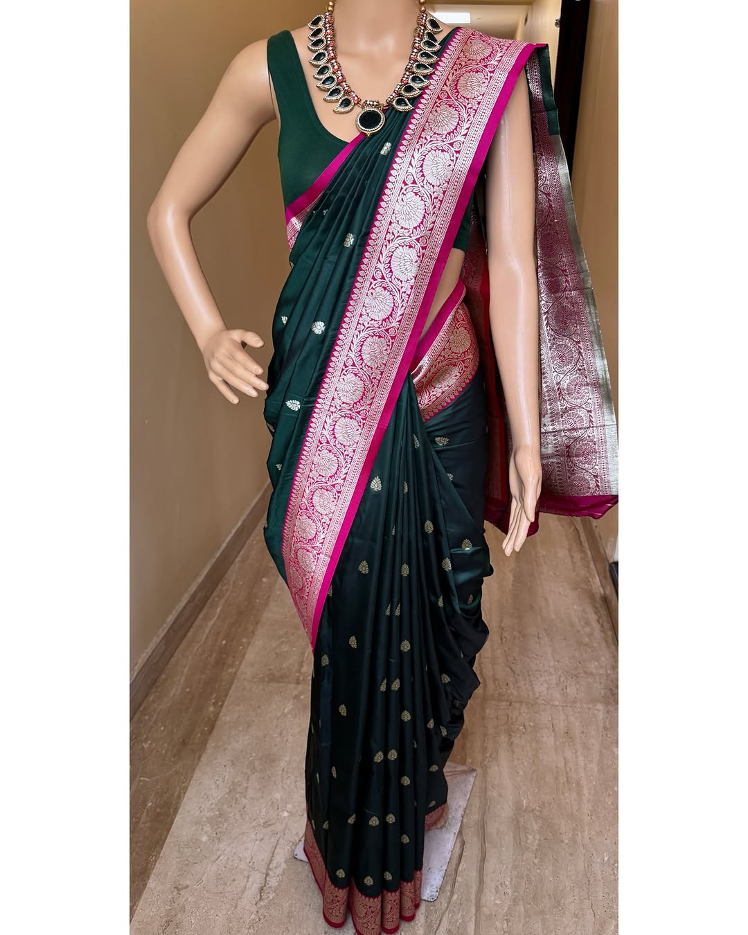 Green and pink Pure Banarasi Silk saree