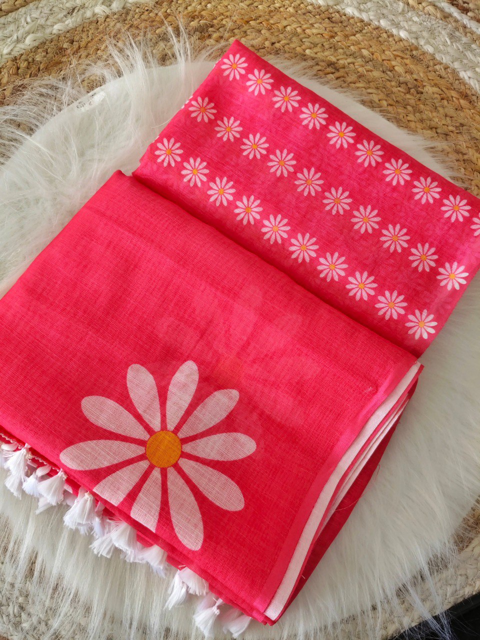 Pink Linen Saree with floral print