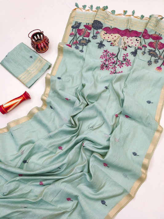 Teal premium Muga cotton saree with resham pichwai pallu