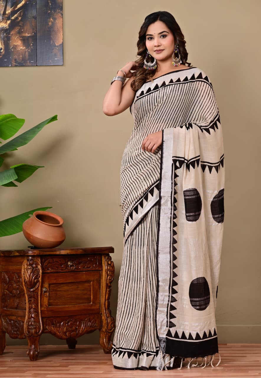 Black and off white Linen Saree