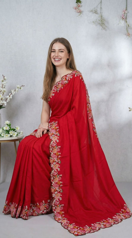 Red Tussar silk saree with embroidery & cutwork border