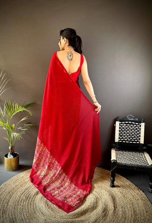 Red georgette saree with sequence work