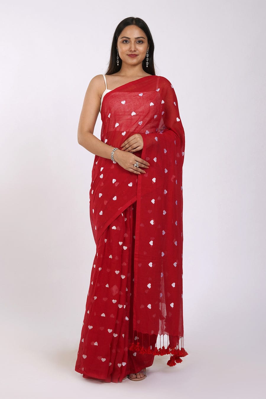 Red Pure Mulmul cotton saree with embroidery hearts