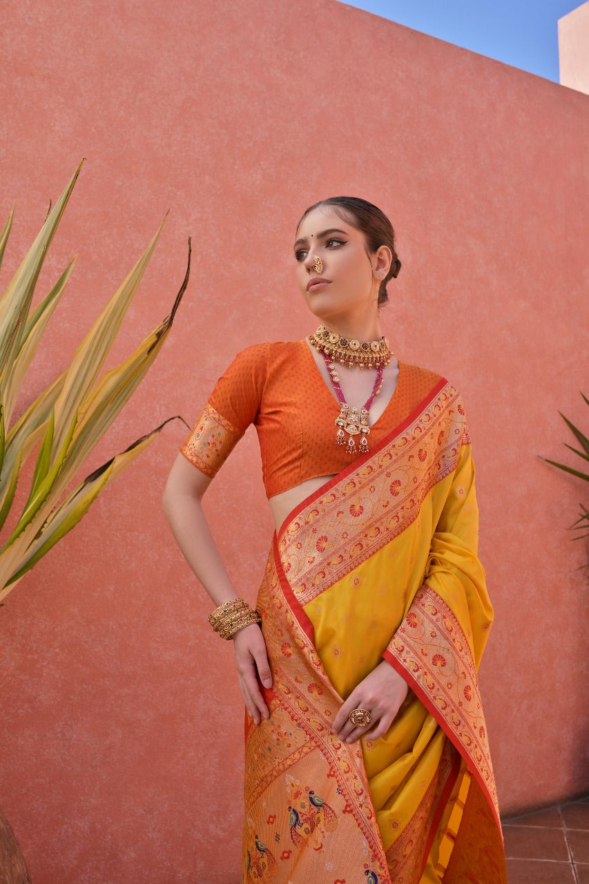 Yellow and Orange Banarasi Paithani silk