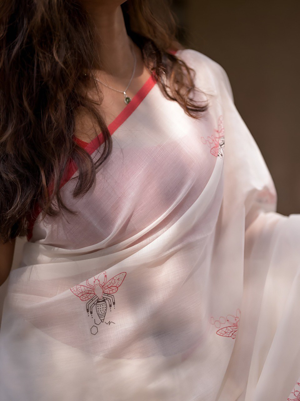 White Linen Saree with Bee and honeycomb Digital print