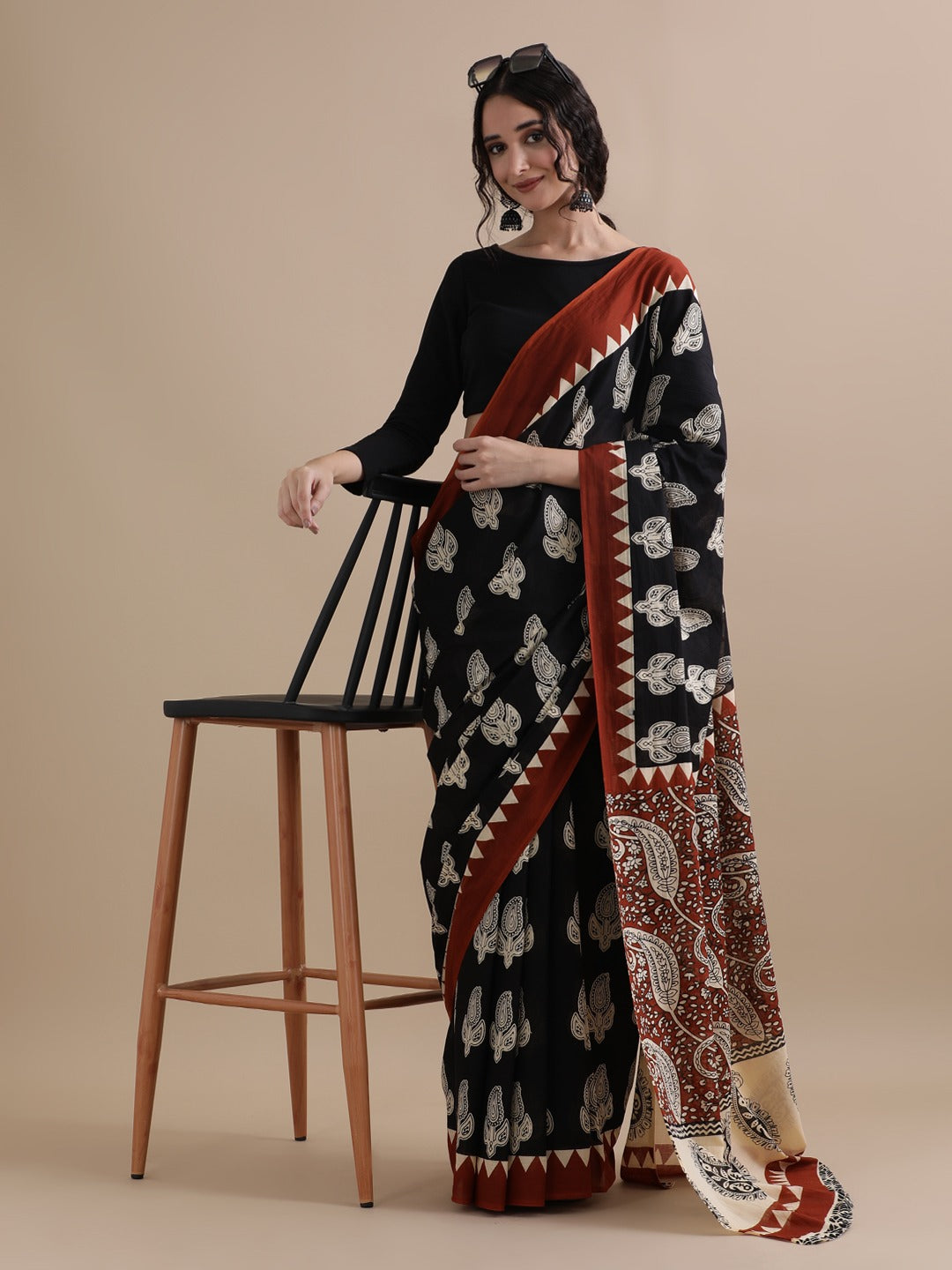 Black and Rust orange pure Mulmul cotton saree with Bagru hand block print