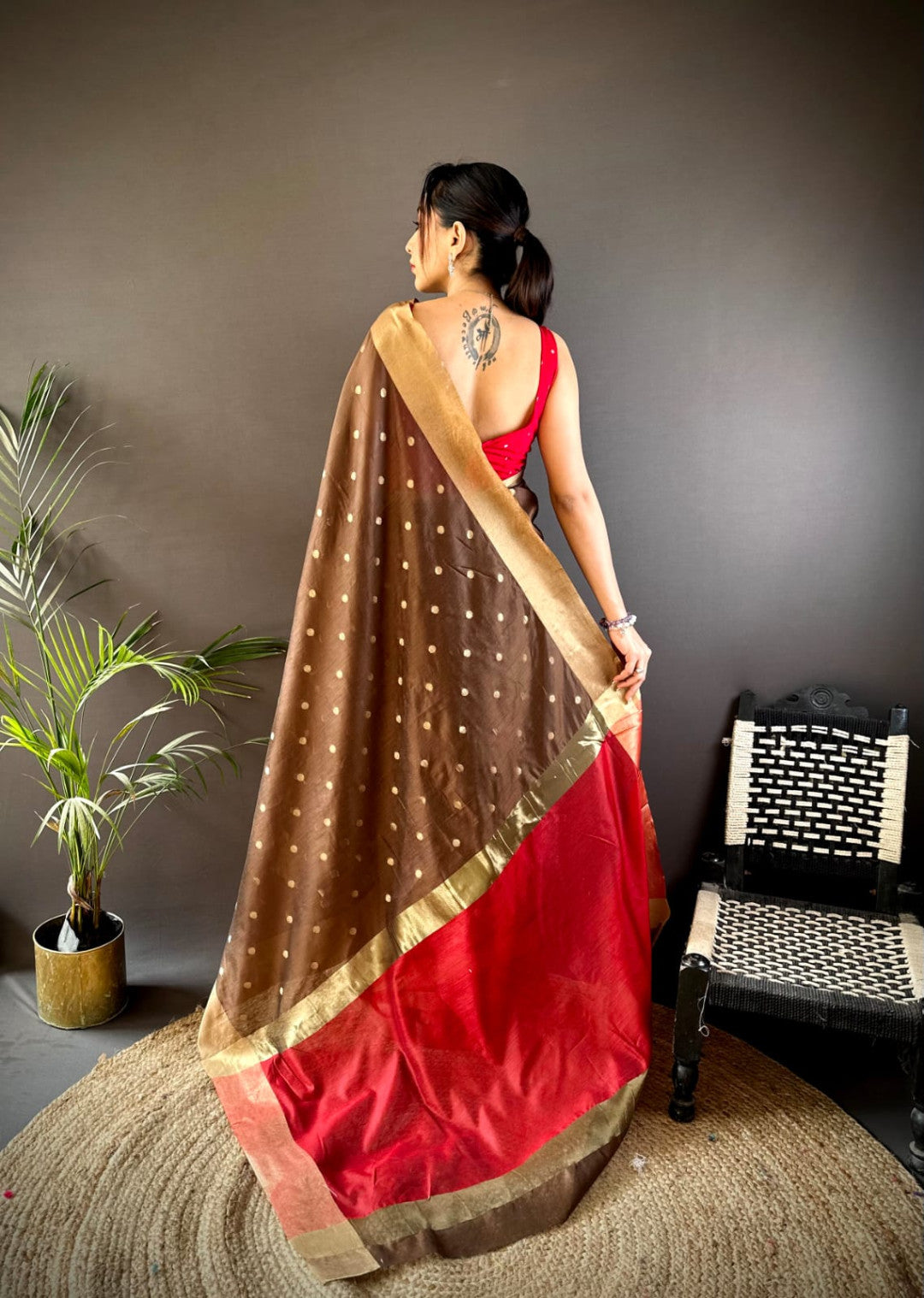 Brown and Red cotton saree with Buttas and Border
