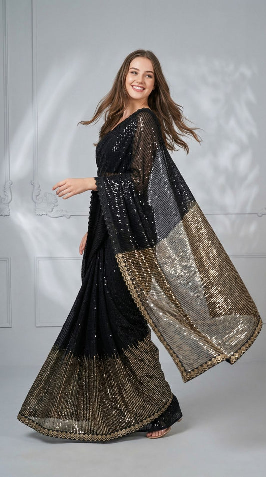 Black georgette saree with sequence and lace border