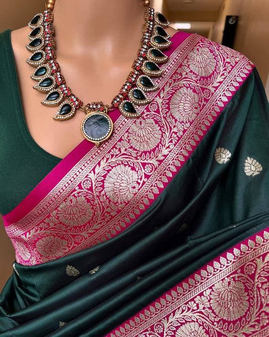 Green and pink Pure Banarasi Silk saree