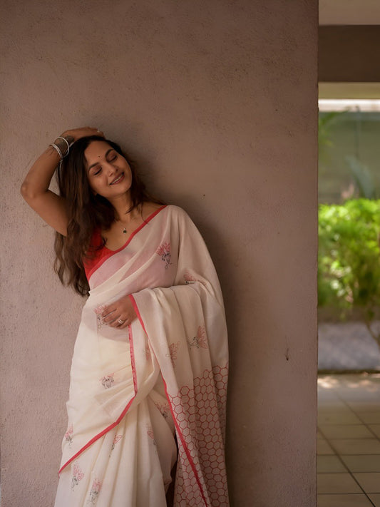 White Linen Saree with Bee and honeycomb Digital print