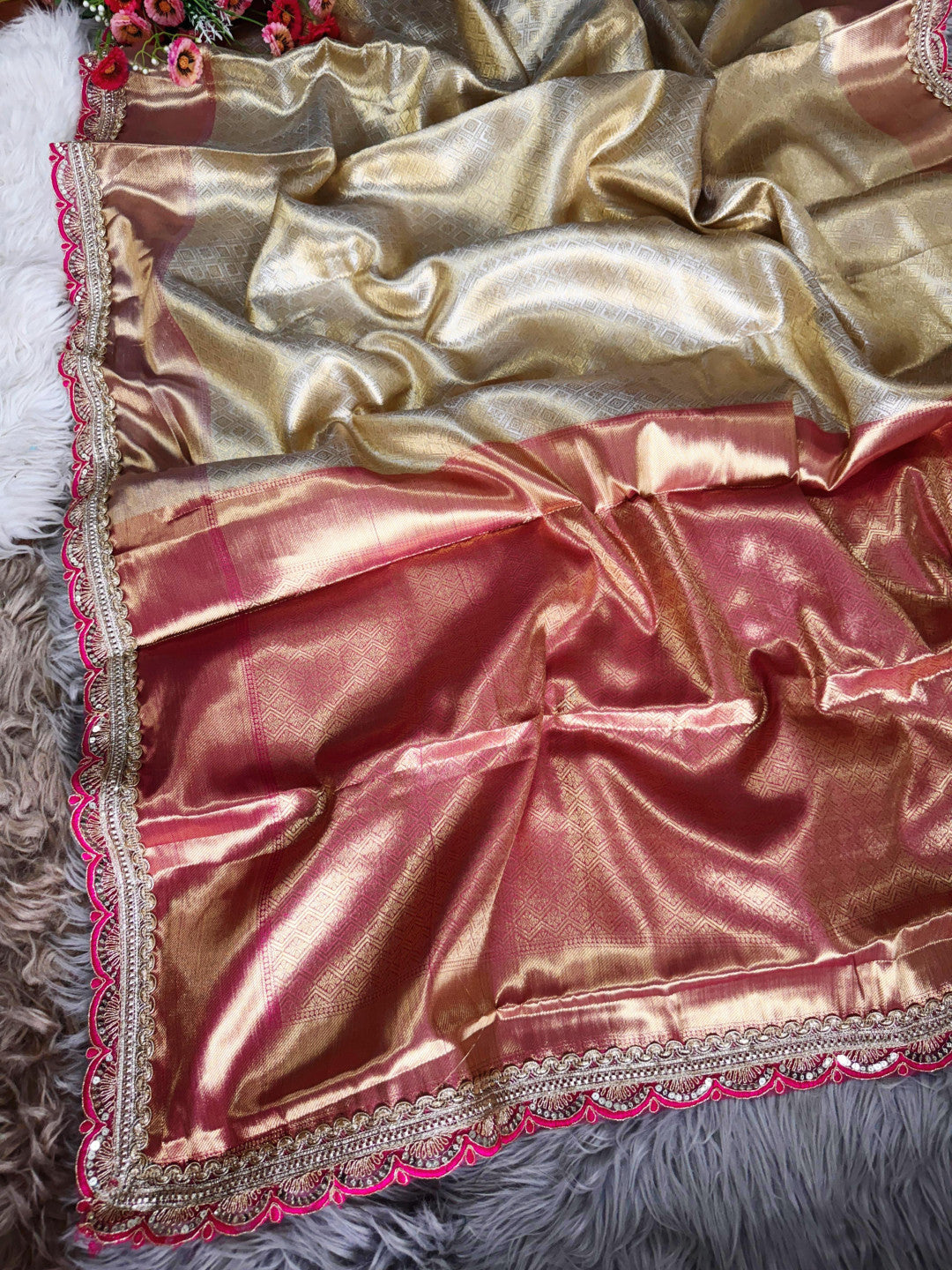 Gold soft tissue silk saree with lace border