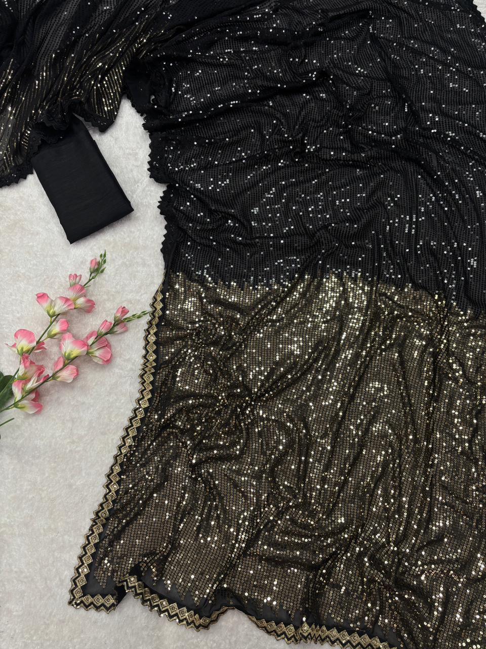 Black georgette saree with sequence and lace border
