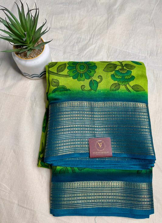 Green & Blue Meena Silk Saree with Floral creepers