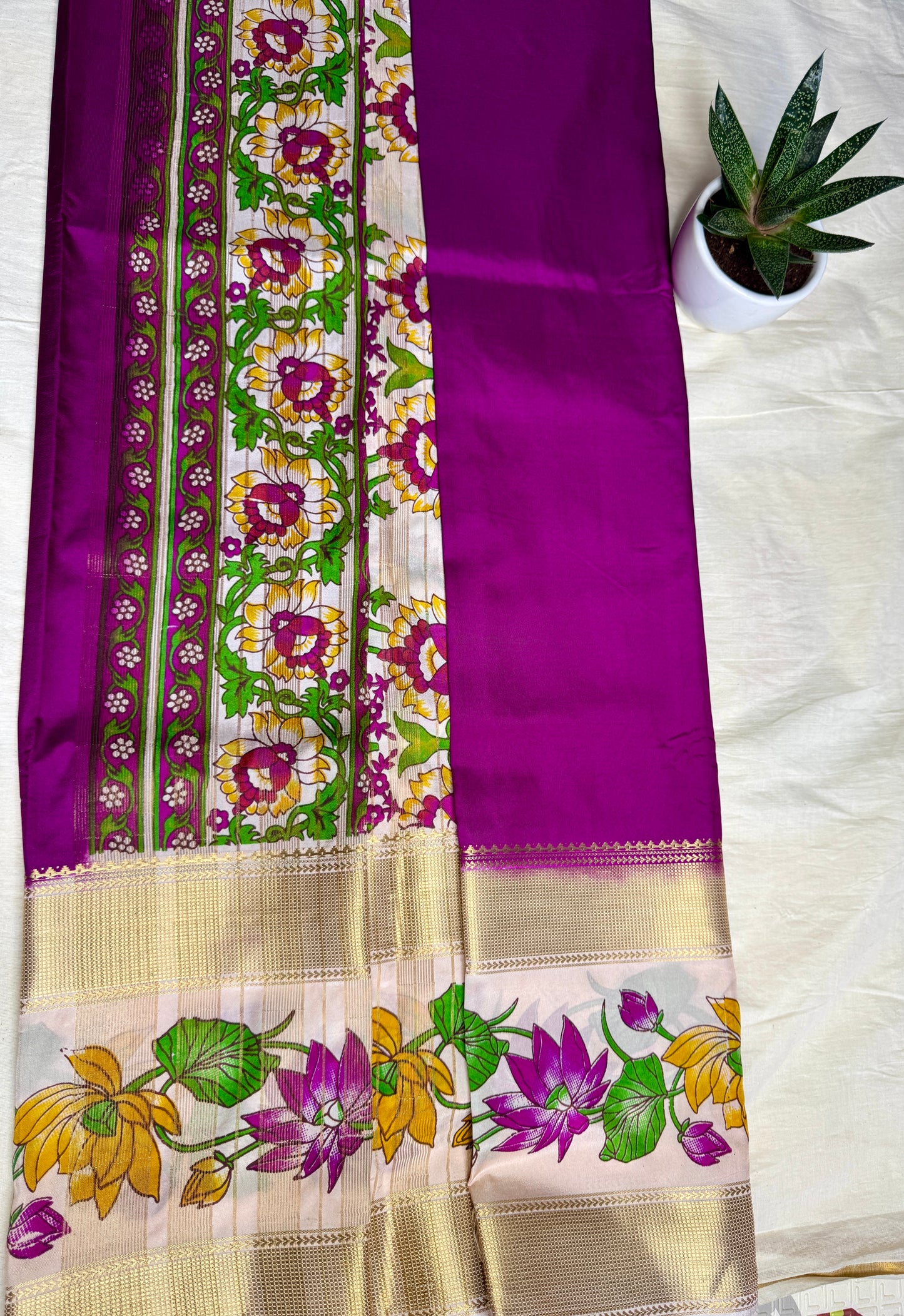 Purple Semi Crepe Silk with Floral Bentex Border