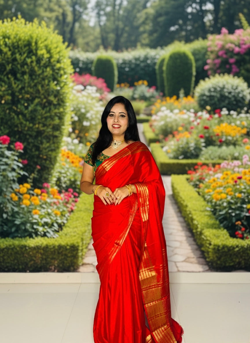 Classic Red Semi Crepe Silk Saree with Rich Zari Border
